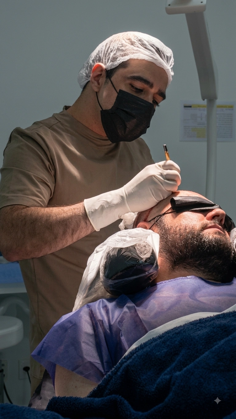 Detalhe da técnica DHI com caneta implantadora Choi